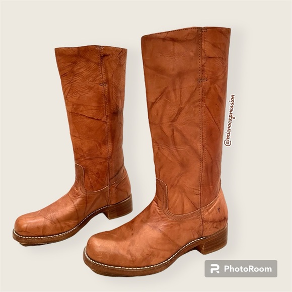 $599 Frye Campus 14L Cognac Leather Block Heel Square Knee High Tall Cowboy Boot - Picture 11 of 15
